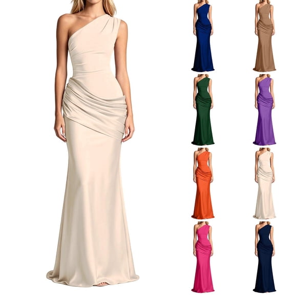 Women's Shoulder Ruched Satin Bodycon Midi Dress - Asymmetric Neckline Evening Party Gown with Elegant Silhouette