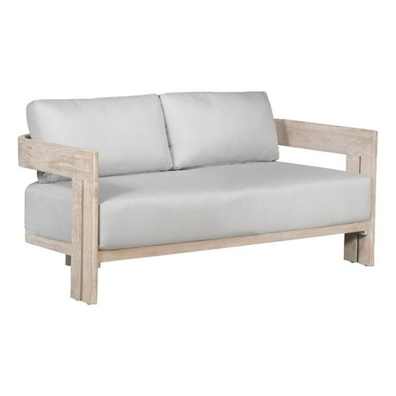 Pemberly Row Outdoor Solid Teak Wood Love seat - Light Gray Fabric
