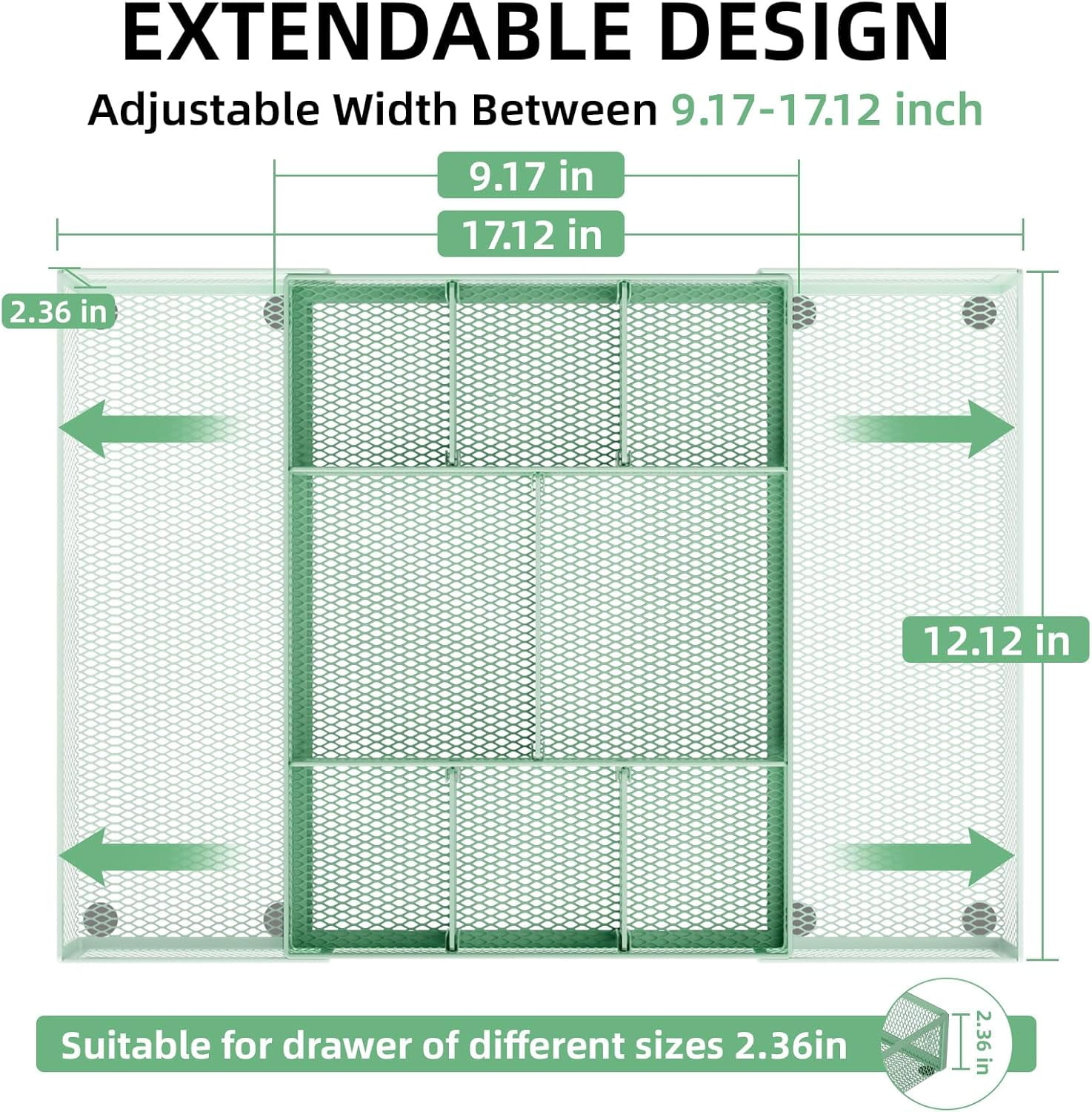 Expandable Desk Drawer Organizer, Mesh Drawer Organizer Tray with 10 Adjustable Compartments, Desk Organizers and Accessories for Office Supplies, Makeup & Vanity (Expandable-Green 2pack)