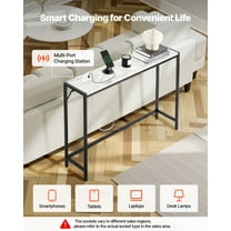 Long Narrow Console Table with USB & AC Outlets, White Marble Top and Gold Hairpin Legs, Modern Hallway Table