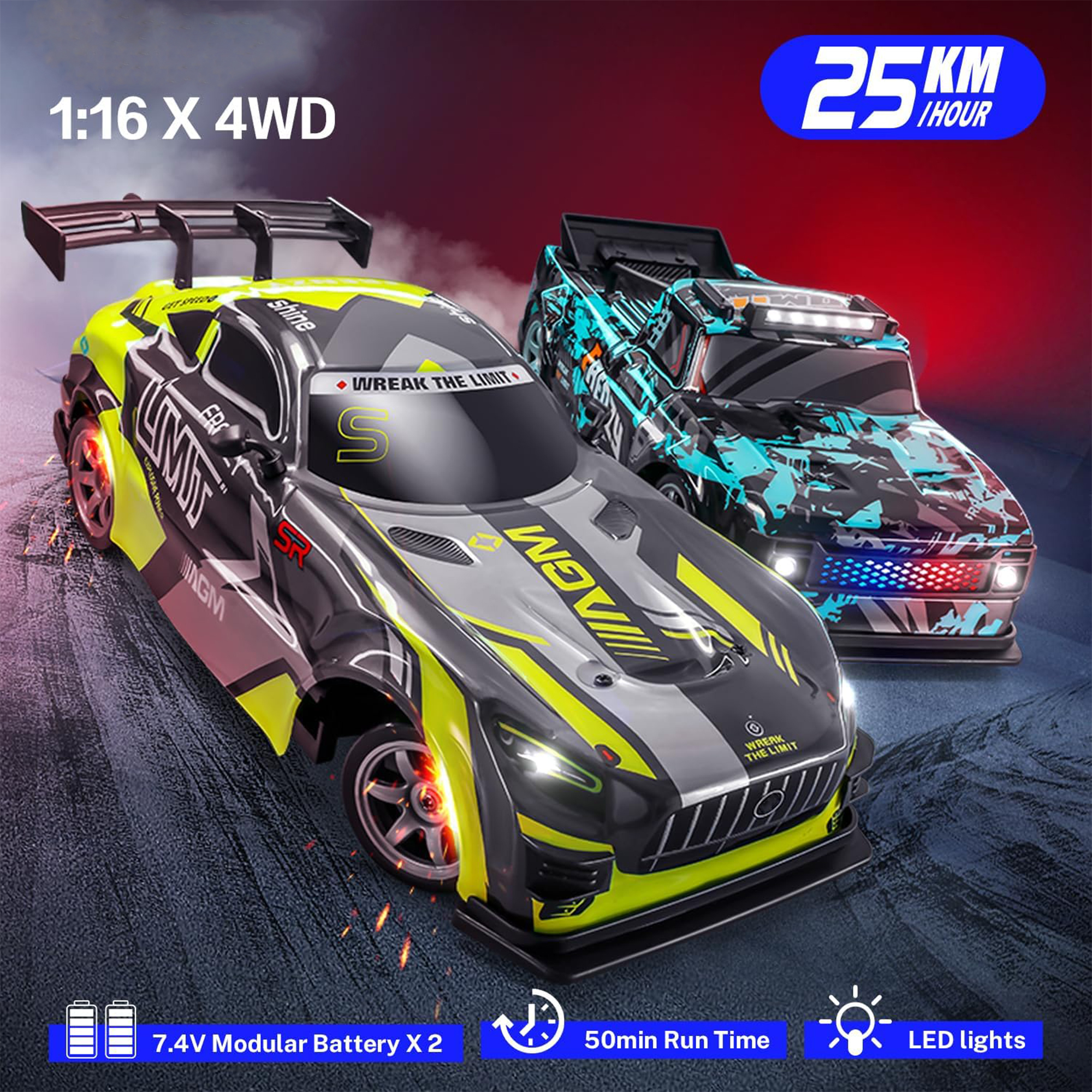 1:16 RC Drift Car, 25KM/H 4WD High Speed Remote Control Cars for Kids, with LED Lights, Two Batteries, Extra Tires, Drift RC Cars for Adults