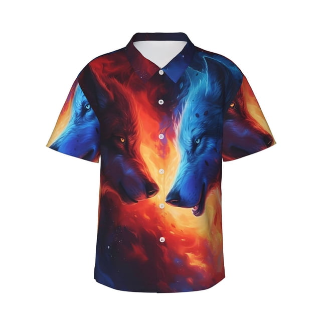 Fotbe Wolf Camisa Hawaiana para Hombre Unisex – Camisa Casual de Verano con Botones de Manga Corta de Algodón y Lino,3X-Large