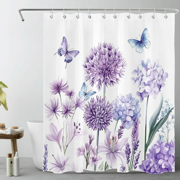 HVEST Purple Floral Shower Curtain with Lavender Hydrangea Blue Butterfly Design - Watercolor Flower Botanical Bathroom Decor, Waterproof Polyester Fabric, Includes 10 Hooks, 60x72 Inches