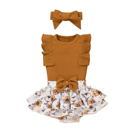

JYNZ Baby Girl Coming Home Outfit 0-18 Months Toddler Baby Girls Summer Pit-striped Lace Fly-sleeve Romper Floral Culottes Headband Three-piece Set Brown 12-18 Months