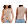 thumbnail image 3 of Women'S Scoop Neck Plain Button Front Ribbed Tank Top, Summer Sleeveless Knit Open Front Slim Fit Vest Khaki S, 3 of 7