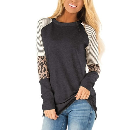 SHIBEVER Women's Long Sleeve Tops Round Neck T-Shirts for Women Fall Fashion Leopard Print Tops Casual Workout Loose Tunics Tops Blouses Grayblack