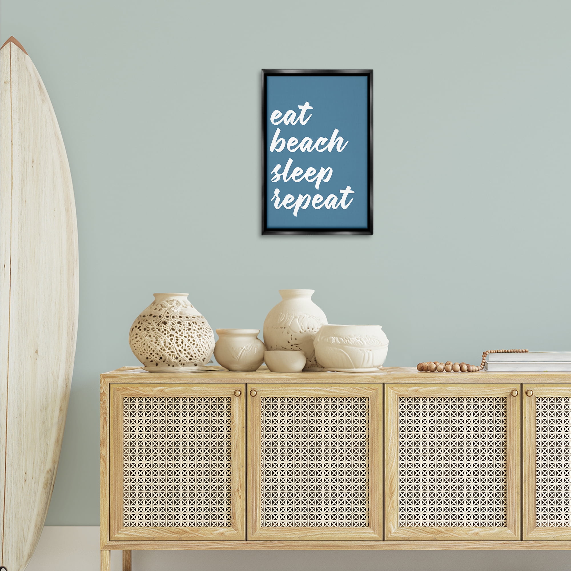 Stupell Industries Beach Repeat List Typography Painting Black Floater Framed Canvas Art Print Wall Art, 17 x 25