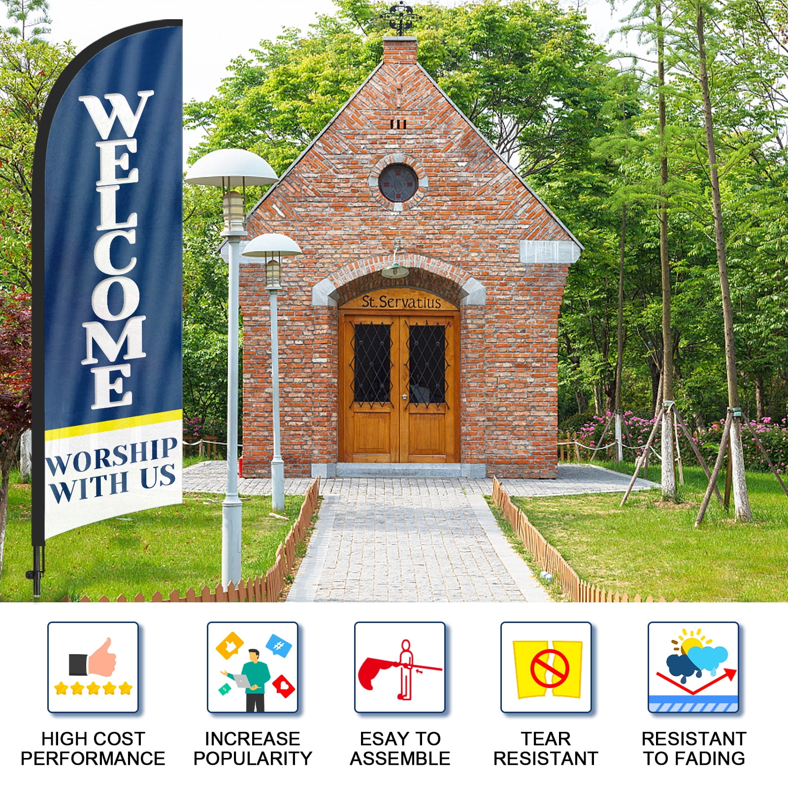 QSUM Welcome Worship With Us Sign Feather Flag with Pole Kit,8.2FT Welcome Worship With Us Advertising Flag, Welcome Worship With Us Business Sign,Welcome Worship With Us Swooper Flag