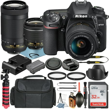 Nikon D7500 DSLR Camera with 18-55mm + 70-300mm Lens + SanDisk 32GB Memory Card + Case + Tripod + UV Filter + A-Cell Accessory Bundle