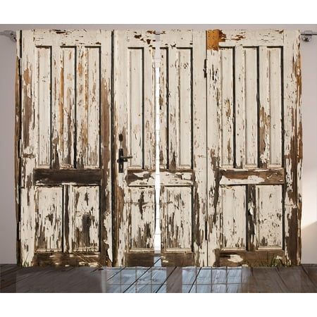 Pbteen Room Design Rustic Curtains 2 Panels Set, Vintage House Entrance with Vertical Lined Old Planks Distressed Hardwood Design, Window Drapes for Living Room Bedroom, 108W X 90L Inches, Brown White, by Ambesonne ()