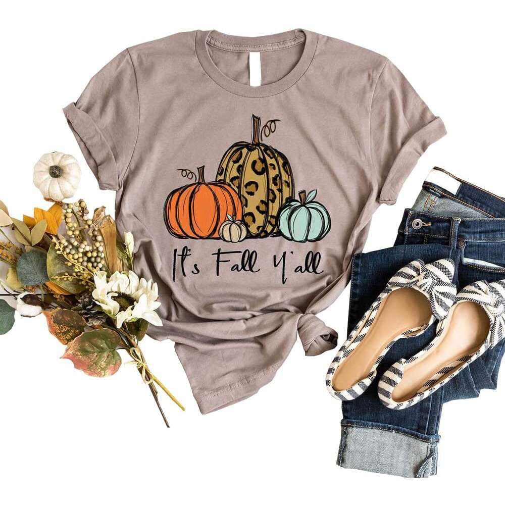 Women Leopard Thankful Pumpkin Blouse Tee Casual Top Graphics Funny T-Shirt