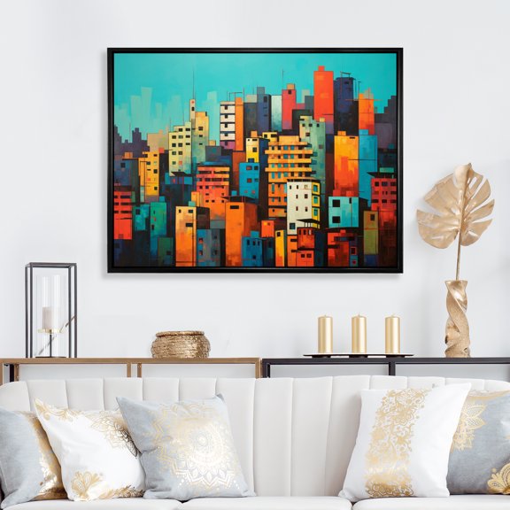 Designart "Mumbai Cityscape Pop Art wall art I" Cityscapes Floater Framed Canvas Art Print