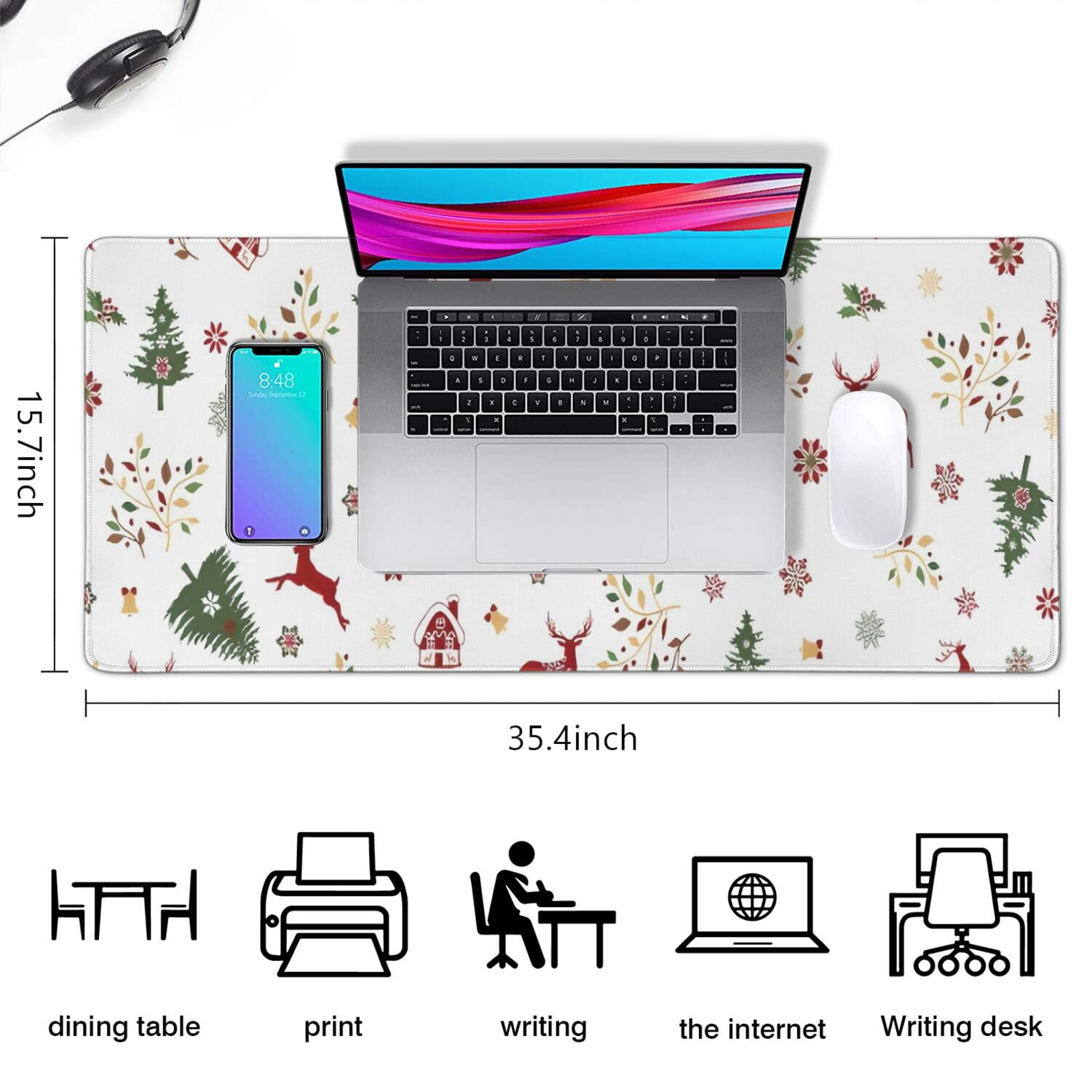 Long Mouse Pads for Desk,White Christmas Reindeer Pattern Desk Mats on Top Of Desks, Desk Mouse Pad Extra Large with 3mm Non-Slip Base and Stitched Edge for Gaming,Office,Work,Home 35.4x15.7in