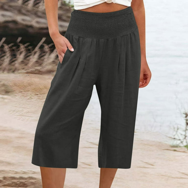 Mrat Elastic Waist Capris for Women Casual Summer Wide Leg Cropped Pants  Ladies High Waisted Stretch Pants with Pockets Cropped Trousers Female  Capri