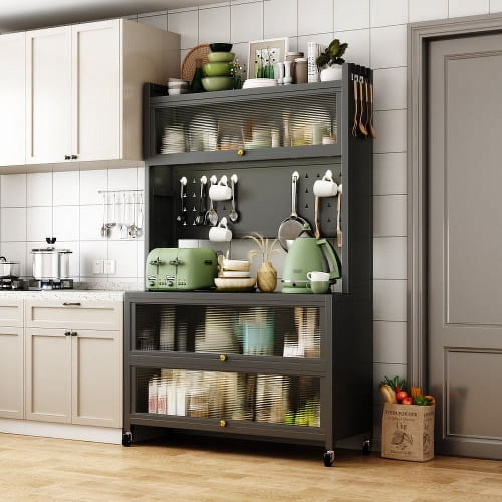 Wohh Metal Kitchen Storage Shelves Sideboard Storage Cabinet with Door, Microwave Oven, Cookware, Floor Standing Bowl Cabinet, Multifunctional Widened Storage Rack