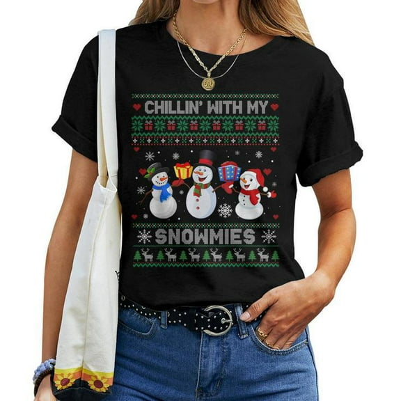 Chillin With My Snowmies Snowman Graphic Ugly Christmas Sweater Tee Unisex Adult Cotton Holiday Winter T-Shirt, Size L, Color Black