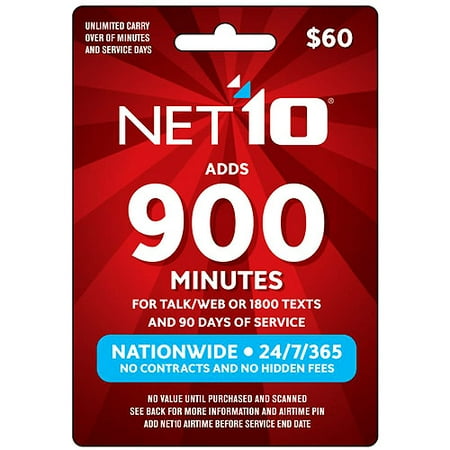 (Email Delivery) NET10 $60 Prepaid Card, 900 min for talk/web or 1800 texts and 90 days of service