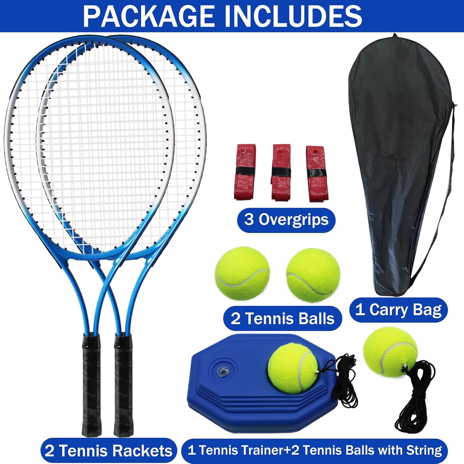 Magicorange Tennis Racket Set of 2 for Adult, 27 inch Length for Beginners and Professional with 4 Balls, 3 Overgrips, 1 Trainer, 1 Tennis Bag (Blue)