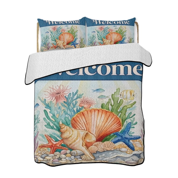 Full Size Quilt Bedding Set, Welcome Blue Coral Nautical Reversible Summer Quilt 3 Pieces, Summer Underwater Starfish Lightweight Bedspreads Coverlets with 2 Pillow Shams for All Seasons