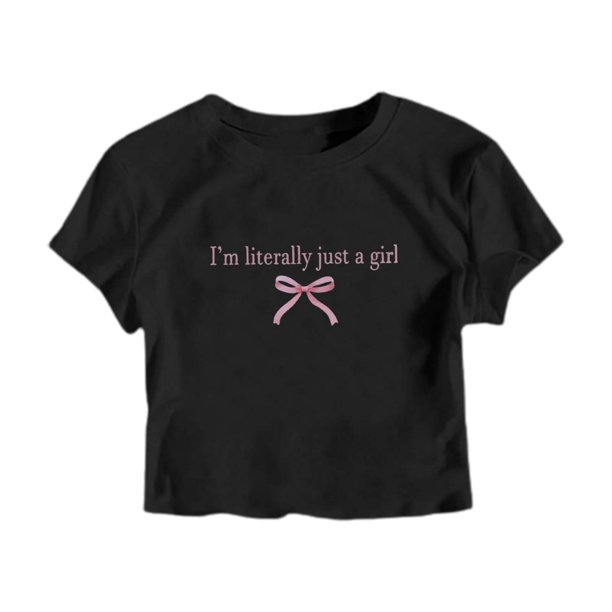 Camiseta de manga corta y cuello redondo para mujer - Estampado con lazo y eslogan, top informal de verano, disponible en tallas XS-XL