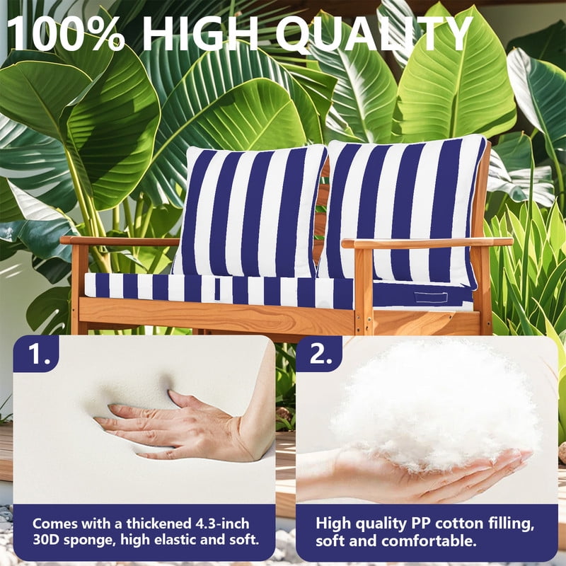SDJPOI 2 Set Outdoor Deep Seat Cushions, 24"x24"X4.3" Waterproof Fade-Resistant Patio Furniture Cushions with Removable Covers & Adjustable Ties for Chairs, Sofa, Couch