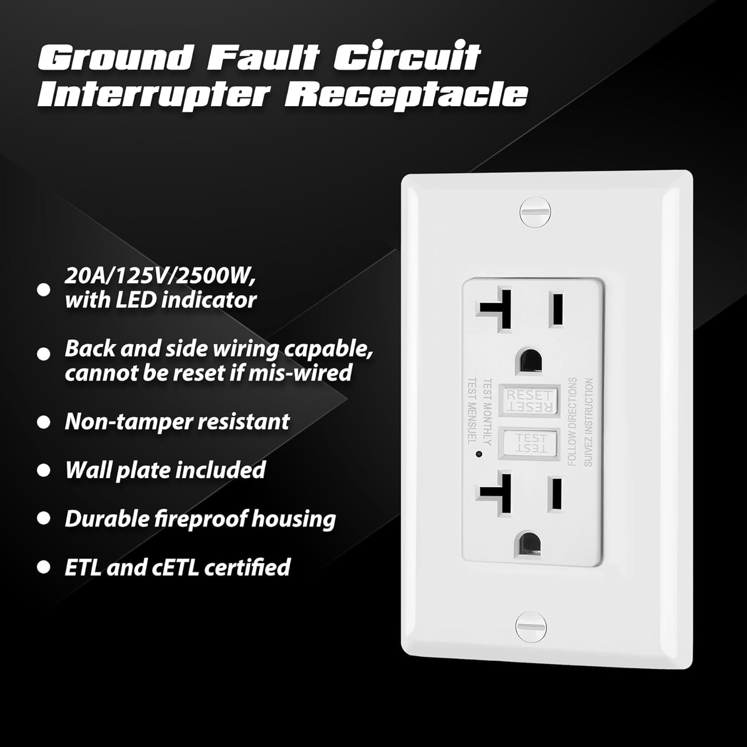 6 Pack GFCI Outlets 20 Amp, Non-Tamper Resistant, Decor GFI Receptacles with LED Indicator, Ground Fault Circuit Interrupter, Wallplate Included, ETL Listed, White