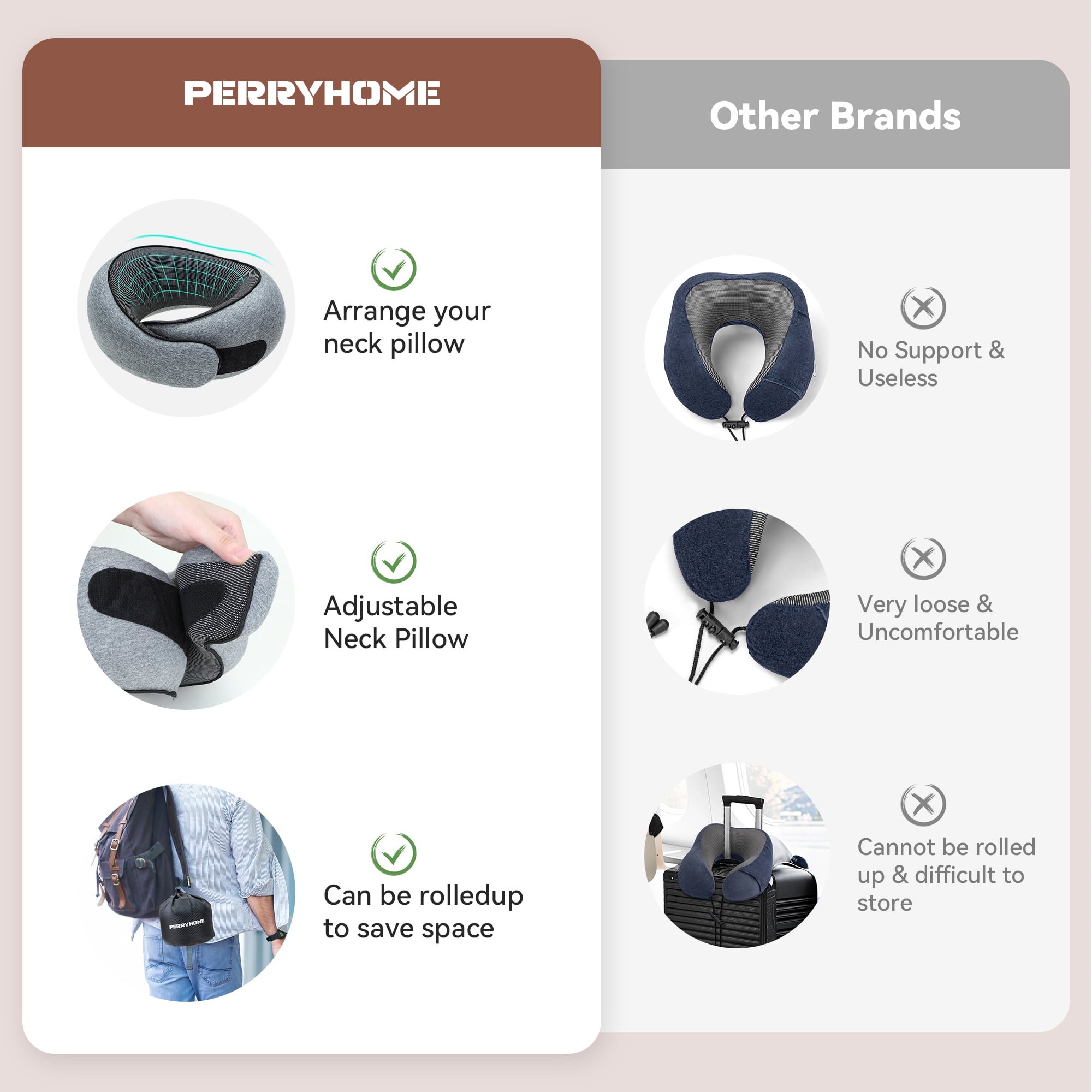 PERRYHOME Travel Pillows,2025 New Neck Pillow Airplane,Travel Neck Pillow Memory Foam Lightweight Pillows for Traveling for Sleeping on Airplanes,Offices and Cars(Gray)