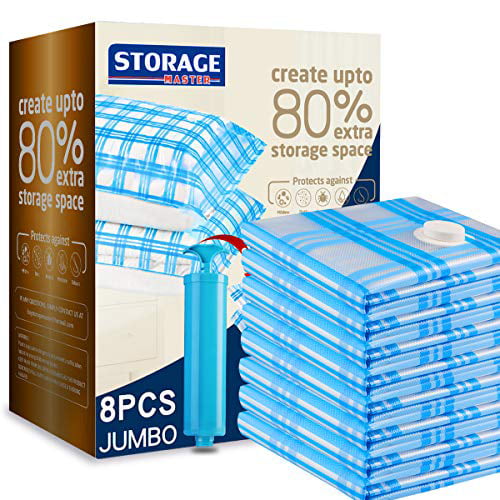 Vacume Pack Storage Bags Jumbo Size for Clothing Bedding Blankets 4 Large, 4 Medium,Hand Pump Reusable Space Saver Bags Double Zip Seal & Leak Valve WYFqmq Vacuum Storage Bags Jumbo 8 Pack 