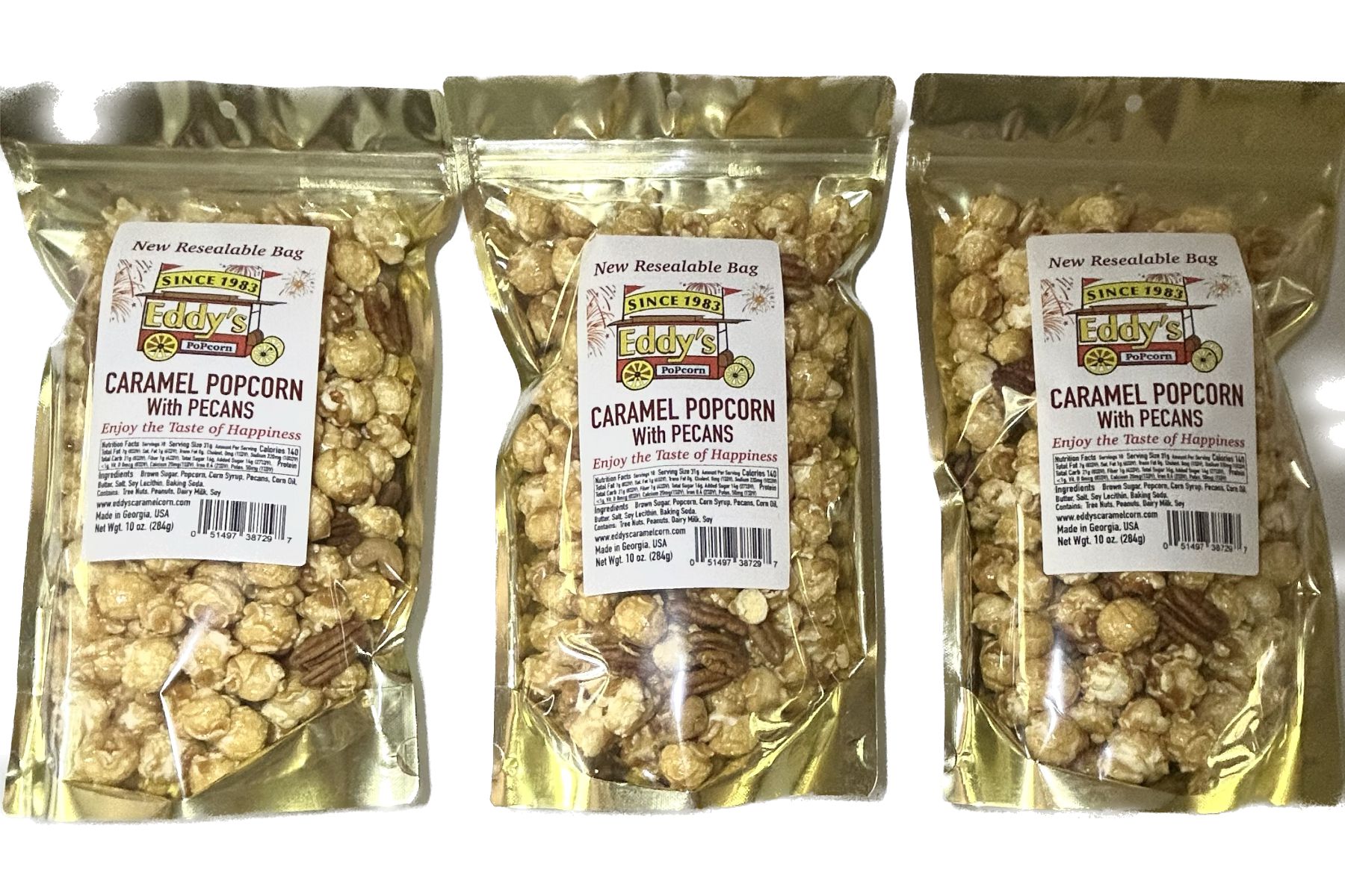 Eddy's Caramel Popcorn with Pecans, large kernels, resealable bag, 10