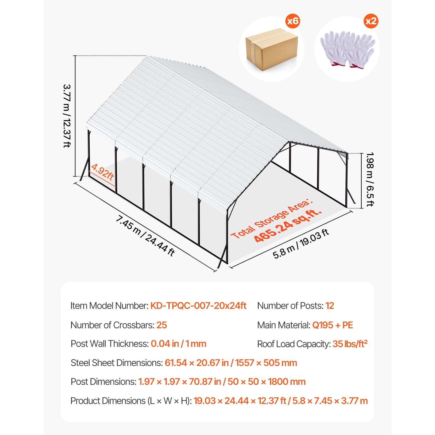 KFFKFF Durable Metal Carport, 20 x 24 ft Outdoor Shelter with Robust Frame & Roof, Vehicle Garage Shade with Detachable Side Panels, Versatile Cover for Cars, Boats, Trucks & Agricultural Equipment