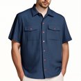 thumbnail image 2 of LIIPEE Men Shirts Casual Solid Color Short Sleeve Lapel Texture Corduroy Shirt With Pockets Male Button Down Fashion Work Tops Outdoor Comfortable Breathable Soft Daily Shirts,Navy,XXL, 2 of 8