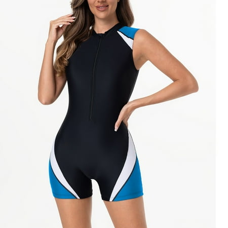 Ahabrexf Swimsuits for Women Solid Patchwork Zipper Long Sleeve Shorts Diving Suit