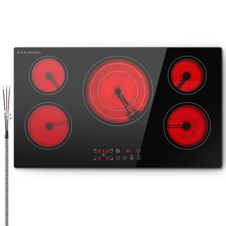 36" Electric Cooktop, 5 Burners 9000W, Glass Ceramic Stove Top with Touch Control & Child Lock