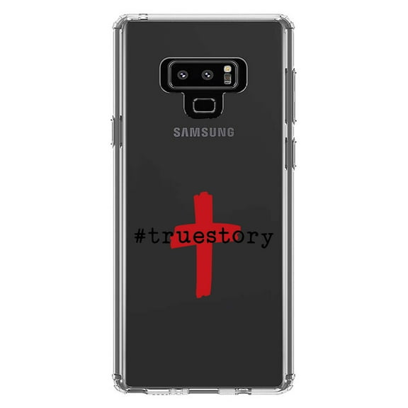 DistinctInk Clear Shockproof Hybrid Case for Samsung Galaxy Note 9 - TPU Bumper Acrylic Back Tempered Glass Screen Protector - #truestory - Cross - Christian - Red