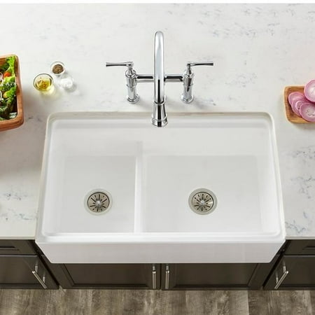 Elkay Fireclay 33 L X 20 W Double Basin Farmhouse Kitchen Sink With Aqua Divide Elkay Fireclay 33 L X 20 W Double Basin Farmhouse Kitchen Sink With Aqua Divide