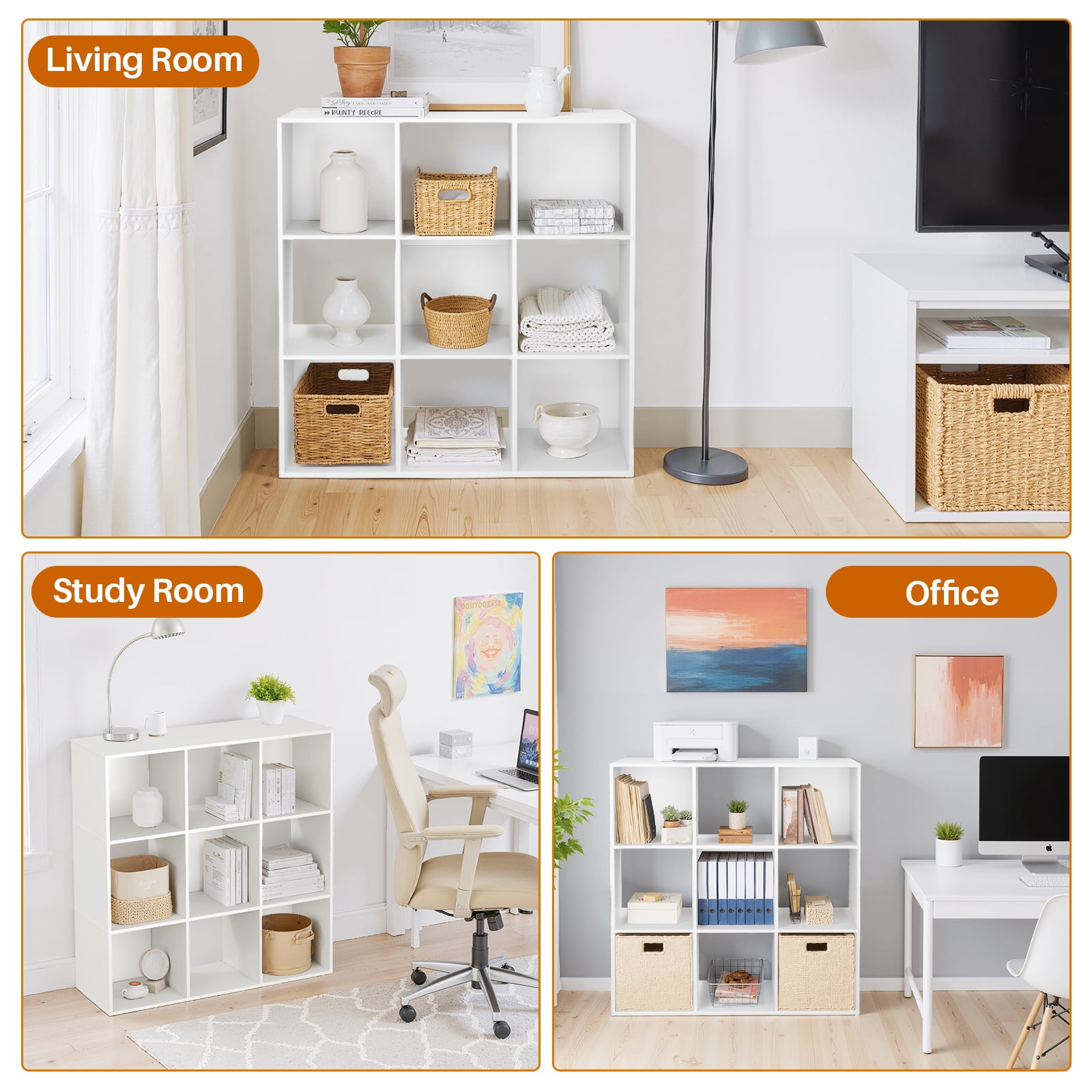 Simenmax 9 Cube Storage Organizer, Bookshelf with 5 Removable Back Panels for Living Room, Bedroom, Home Office, White