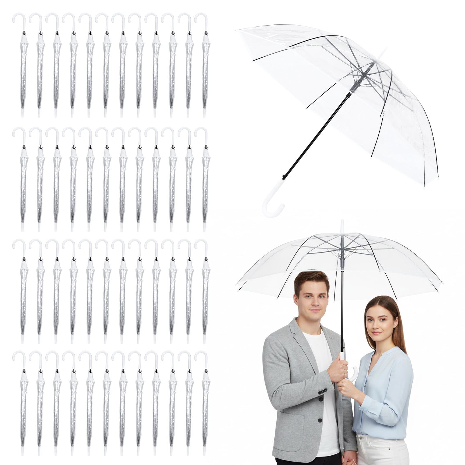 Qiyester 50-Pack Wedding Stick Umbrellas with J Hook Handle Auto Open Clear Umbrellas Bulk for Wedding Bride Groom Photography Golf Outdoor