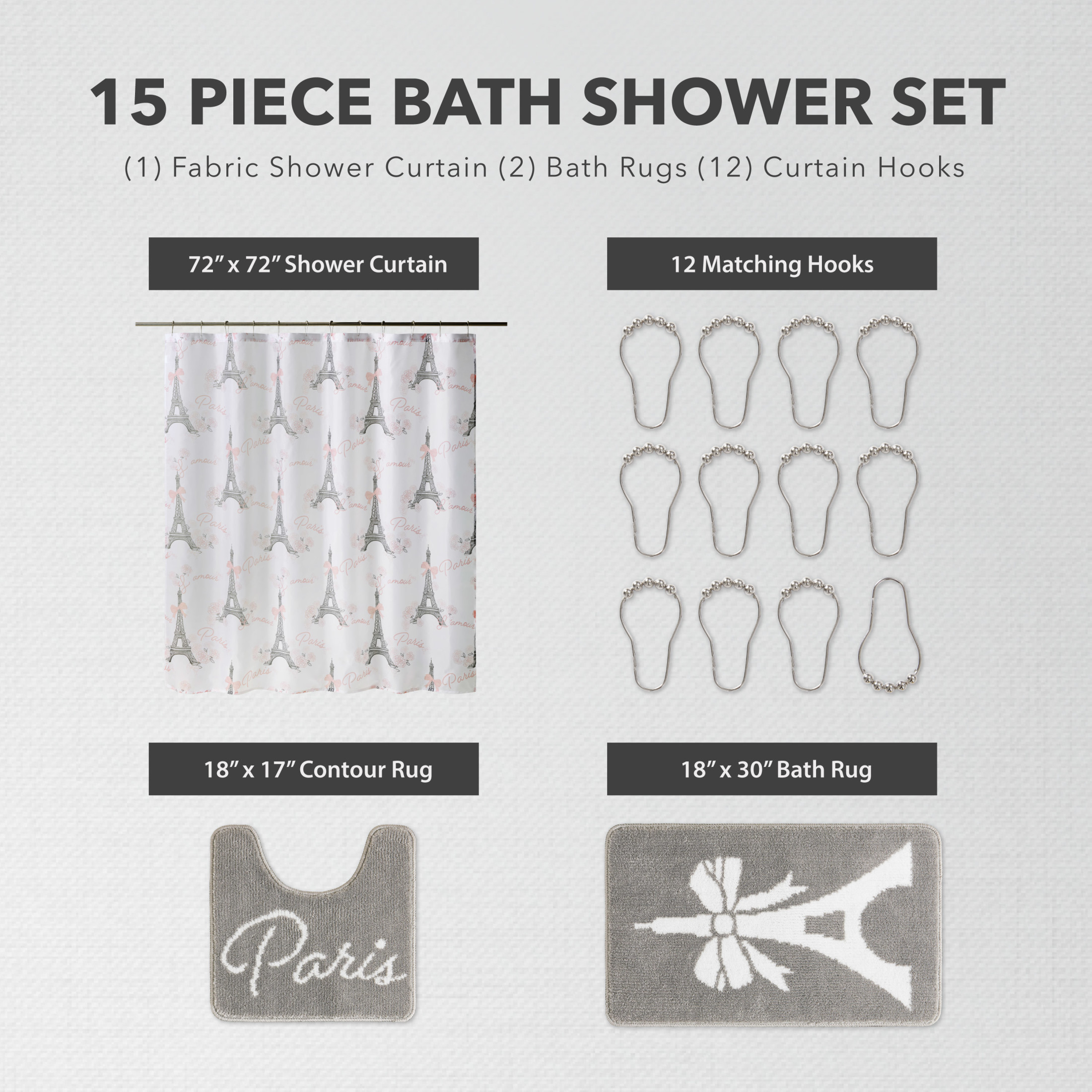 CHI Eiffel Tower Roses & Bows Shower Curtain with Hooks and Rugs Modern Washable 72" W x 72" L 15-Piece Set