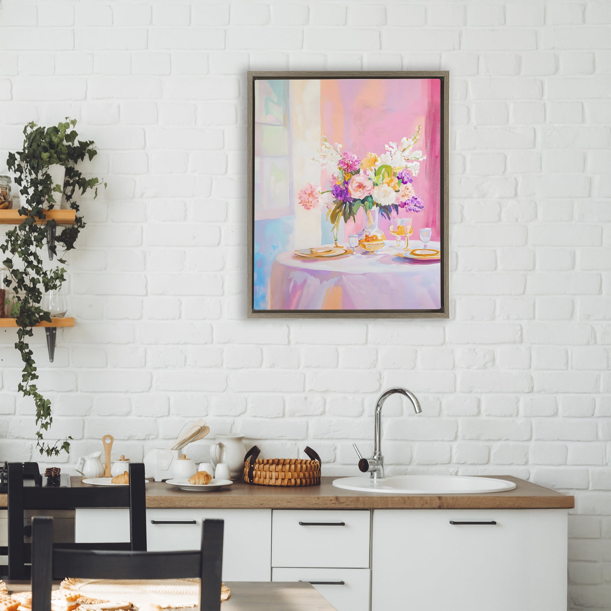 Stupell Industries Pink Brunch with Romantic Bouquet Brown Framed Floater Canvas Wall Art, design by The Prints Vibe
