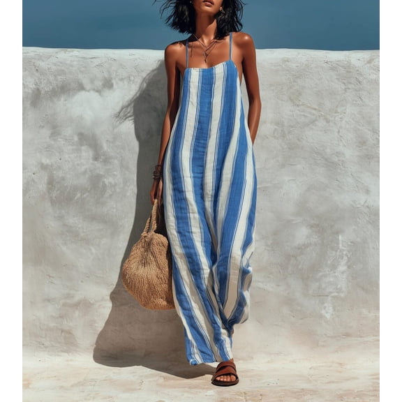 Women's Wide Leg Linen Look Jumpsuit, Sleeveless Spaghetti Strap Romper, Elastic Waist with Pockets, Loose Casual Summer Beach Pants, Long Flowy Trousers | VerBelle,Blue L