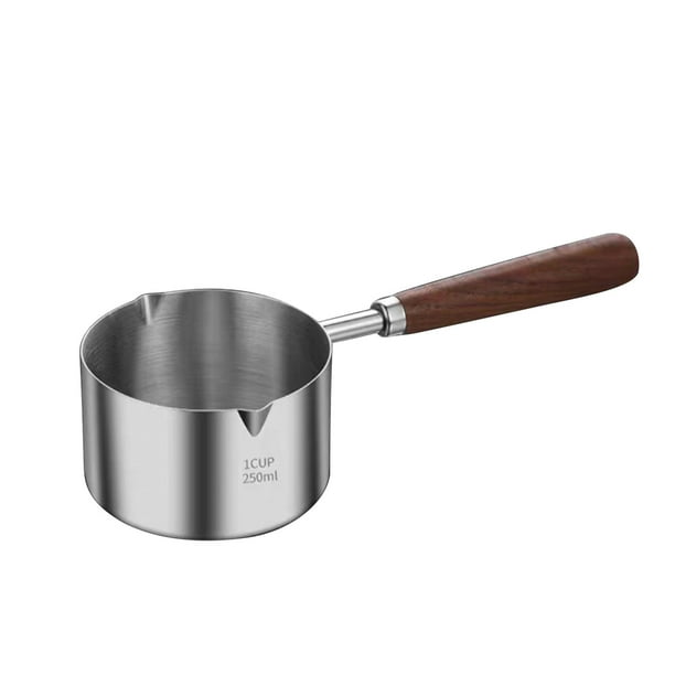 Olla de acero inoxidable para aceite caliente con mango de madera. Mini olla para verter y calentar leche, jarabe, salsa y chocolate. Boquilla de doble cara para verter hacia la izquierda o la