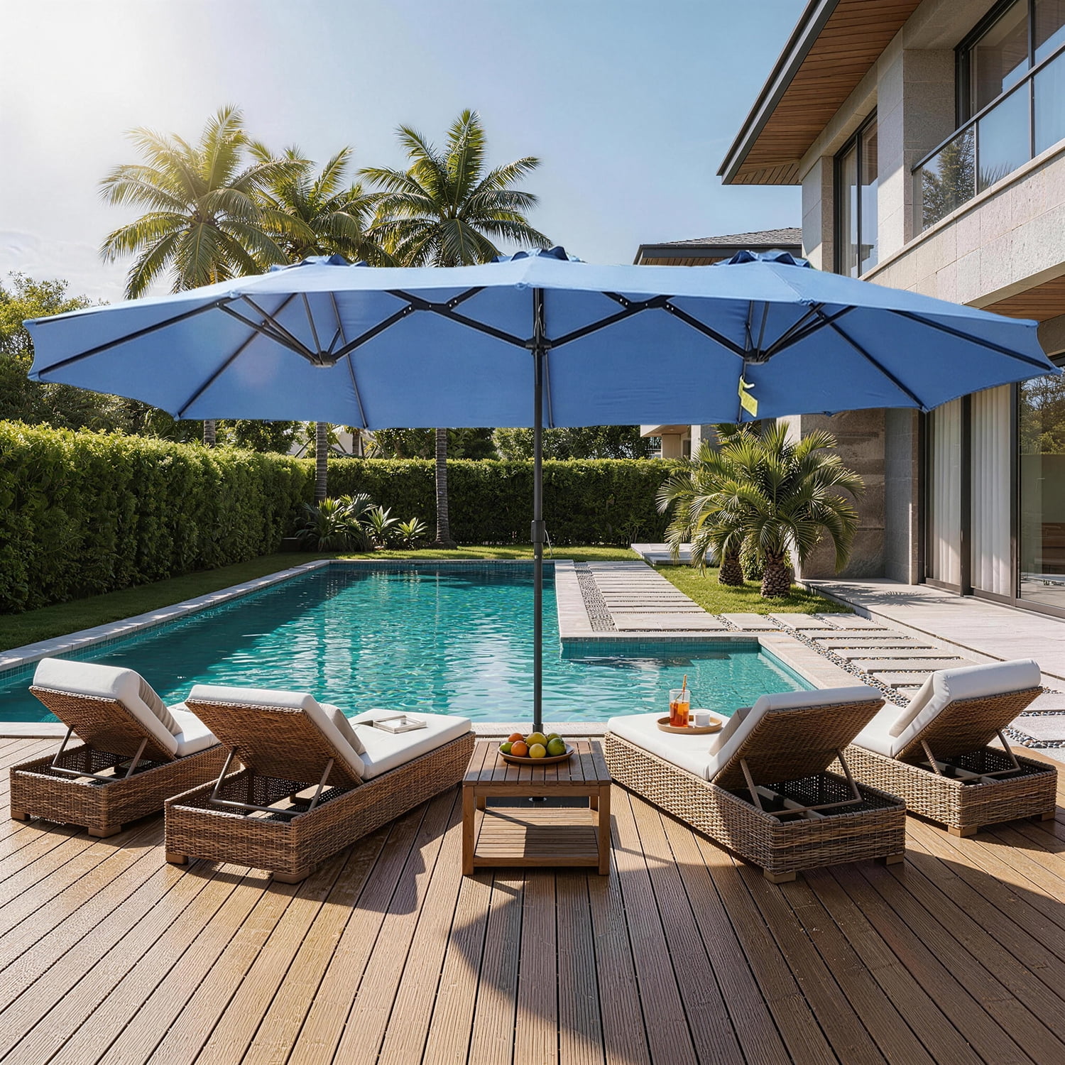 BaPiPro 15FT Blue Large Double Head Patio Umbrella with Solar LED Lights, Waterproof UV & Tear Resistant Fabric, Windproof Reinforced Steel Frame, Easy Hand Crank for Patio, Pool, Garden & Deck