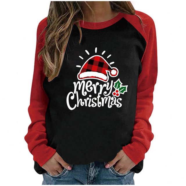 Camisas Navideñas Para Mujer, Camisetas de Manga Larga, Moda de Retazos, Cuello Redondo, Blusa Holgada Con Estampado de Otoño Odeerbi ODB198617