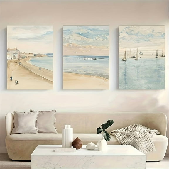 3pcs Coastal Beach Scene Canvas Wall Art Set - Minimalist Modern Vertical Triptych Framed-like Design in Soft Pastel Blue Beige Brown White, Textured Shoreline Paintings for Living Room, Office, Caf