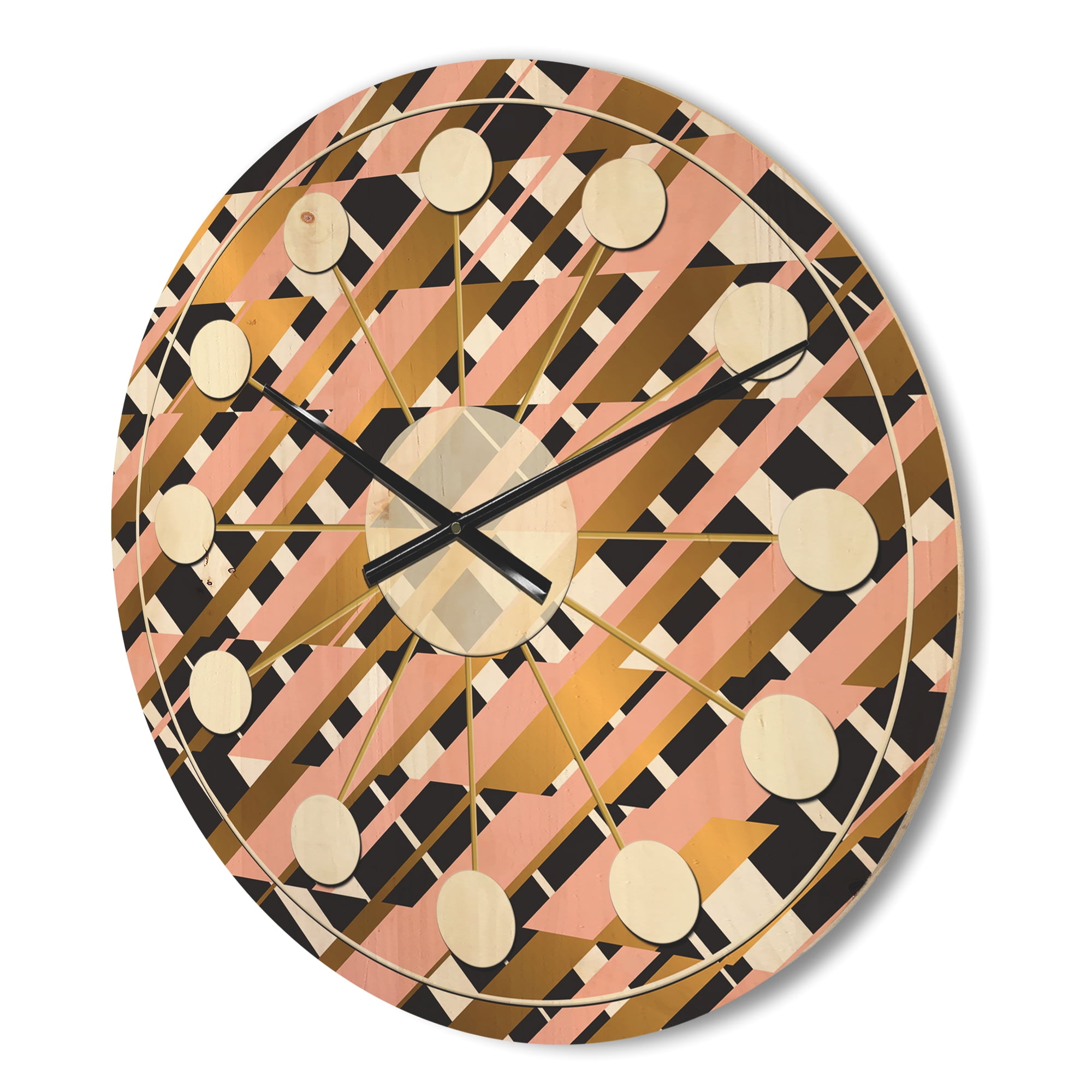 Designart 'Gold Checkered Retro Pattern II' Mid-Century Modern Wood Wall Clock