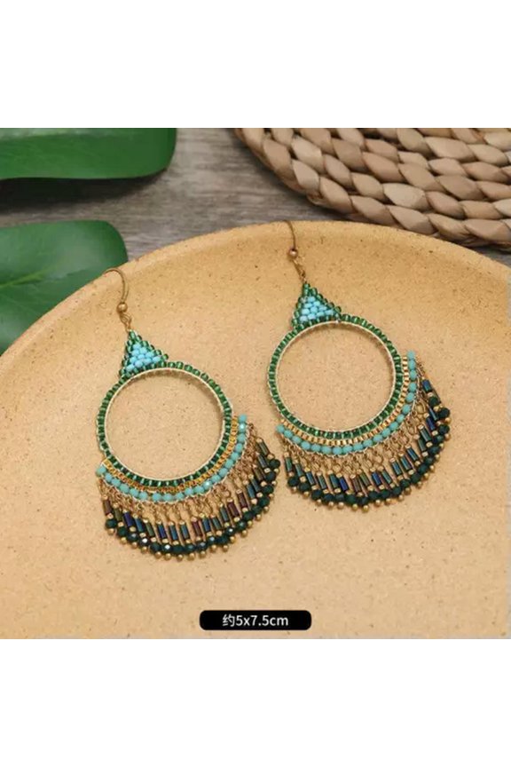 Hand Woven Bohemian Ethnic Earrings Retro Vacation Long Min Beads Tassel Earring-DD