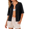thumbnail image 4 of Lixiuxyad ‌Women's Crew Neck Ribbed Knit Cardigan Short Sleeve Open-Front Button-Up Cardigan,Black, 4 of 6