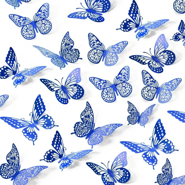 Xiao Hua Decoración de pared con mariposas, 48 piezas, 4 estilos, para cumpleaños, fiestas y tartas. Decoraciones de mariposas doradas extraíbles (azul, estilo aleatorio).