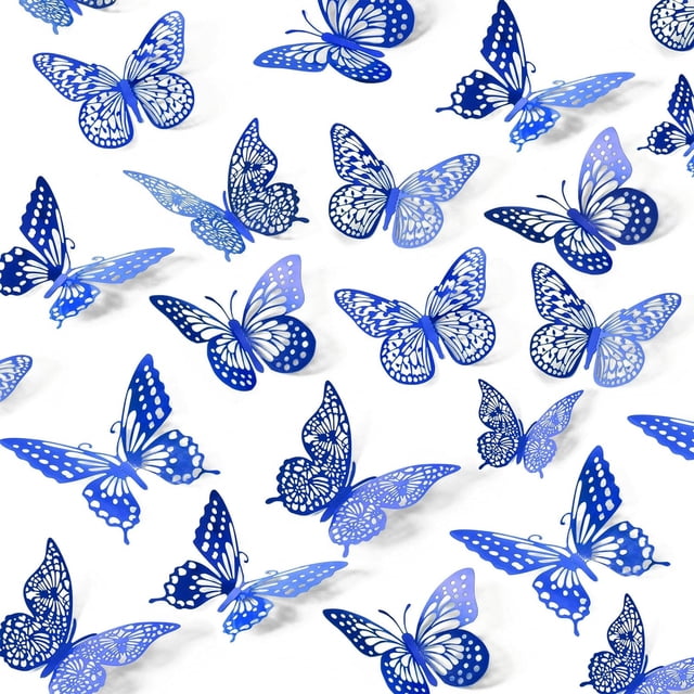 Xiao Hua Decoración de pared con mariposas, 48 piezas, 4 estilos, para cumpleaños, fiestas y tartas. Decoraciones de mariposas doradas extraíbles (azul, estilo aleatorio).
