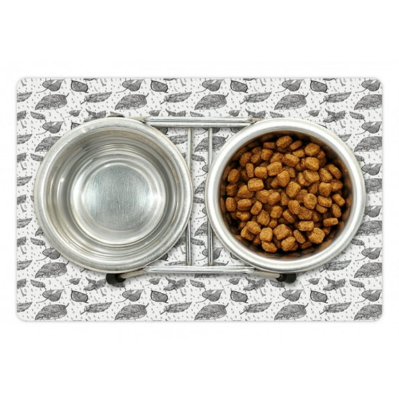 Black and White Pet Mat for Food and Water, Doodle Autumn Foliage with Waterdrips Rainy Autumn Weather and Nature, Non-Slip Rubber Mat for Dogs and Cats, 18" X 12", by Ambesonne